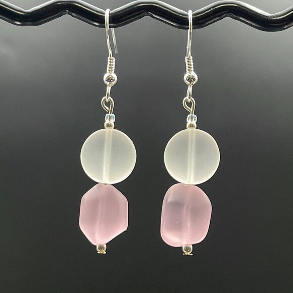 Sea Glass Earrings White and Pink Handmade - Picture 4 of 5
